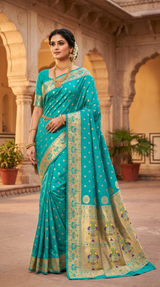 Rama Green Paithani Saree with Zari Woven Peacock Pallu and Design Border