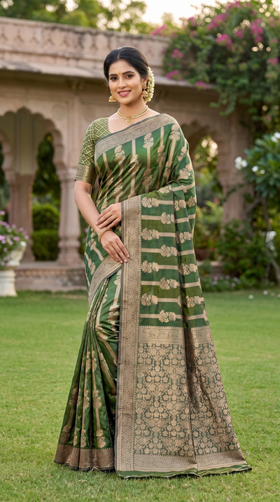 Green Organza Silk Designer Saree with Floral Zari Border and Grand Pallu, Comes with Blouse