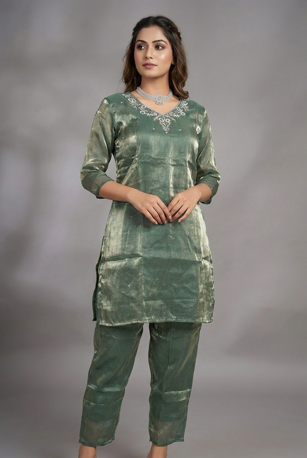 Green Rayon Silk Embroidered Co-Ord Kurti Set with V-Neck and Elastic Pant - Traditional Festive Wear