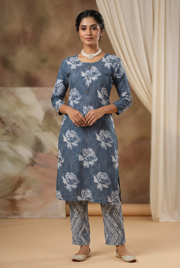 Navy Cotton Kurta Set – 2-Piece with Floral Printed Pant