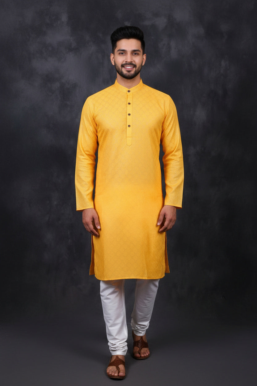 Yellow Men's Cotton Kurta with Diamond Pattern - AI Model Photo 3