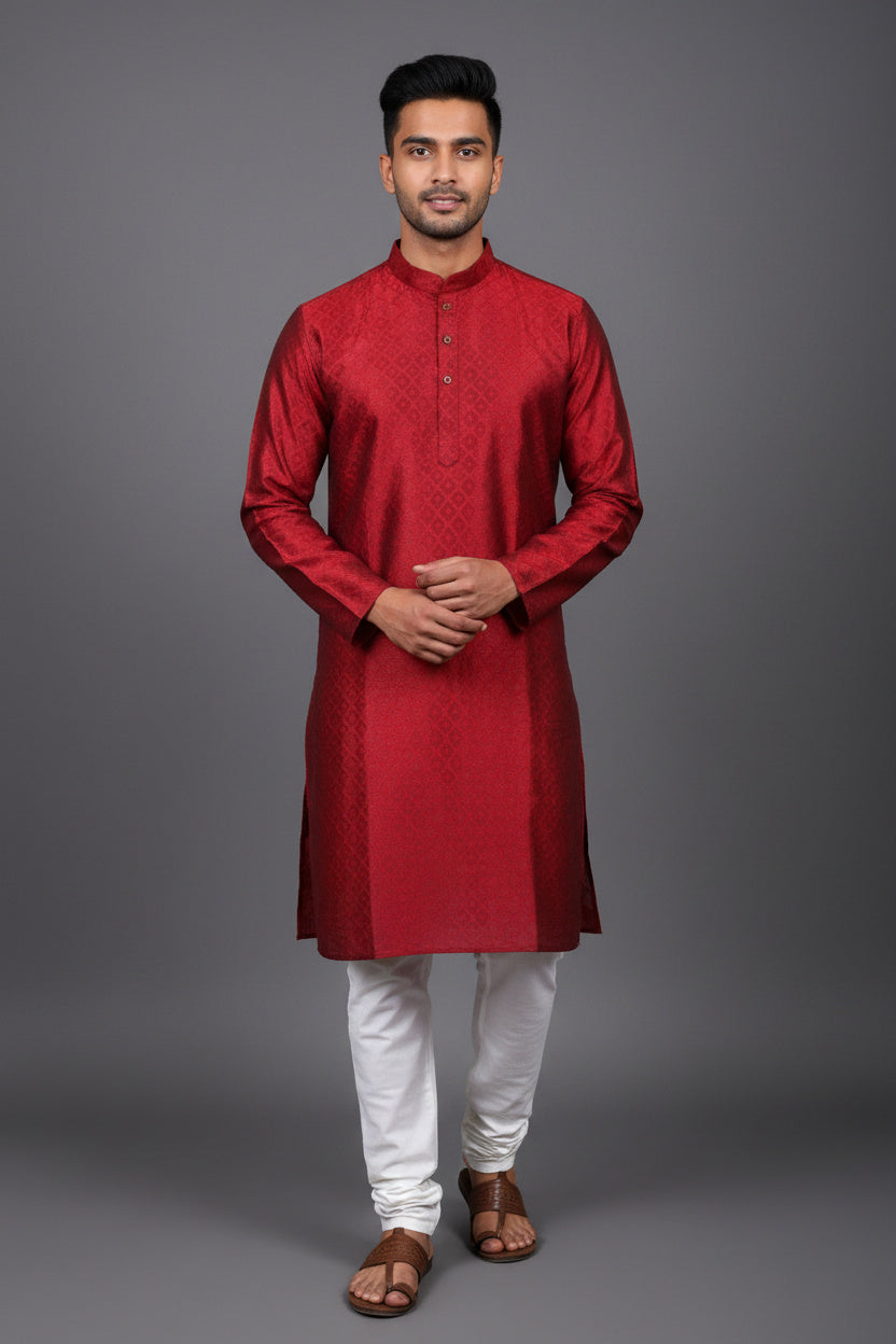 Red Diamond Pattern Men's Kurta: Classy & Modern Fit - AI Model Photo 1