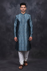 Gray Men's Jacquard Kurta for Weddings & Festive Events - AI Model Photo 3