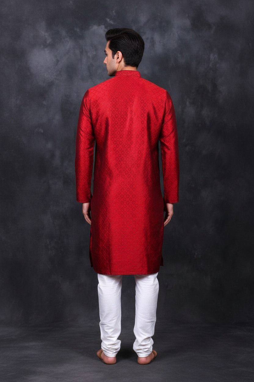 Red Diamond Pattern Men's Kurta: Classy & Modern Fit - AI Model Photo 2