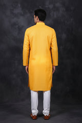 Yellow Men's Cotton Kurta with Diamond Pattern - AI Model Photo 2