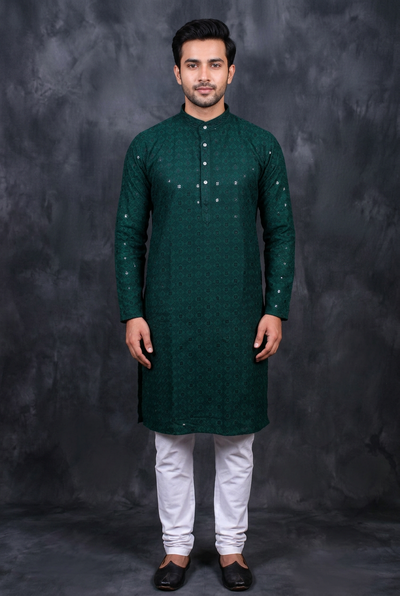 Hand-Embroidered Men's Lakhnavi Kurta with Sequin Details - AI Model Photo 3