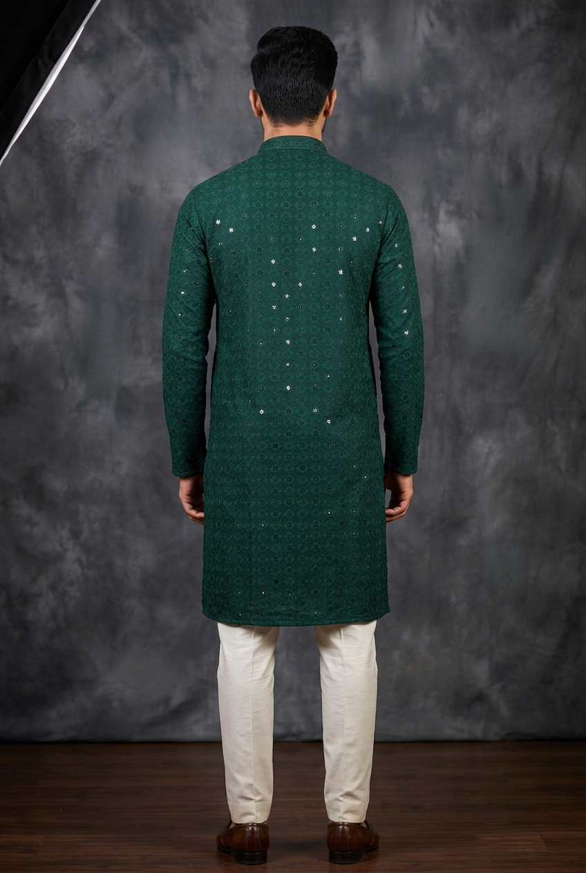 Hand-Embroidered Men's Lakhnavi Kurta with Sequin Details - AI Model Photo 1