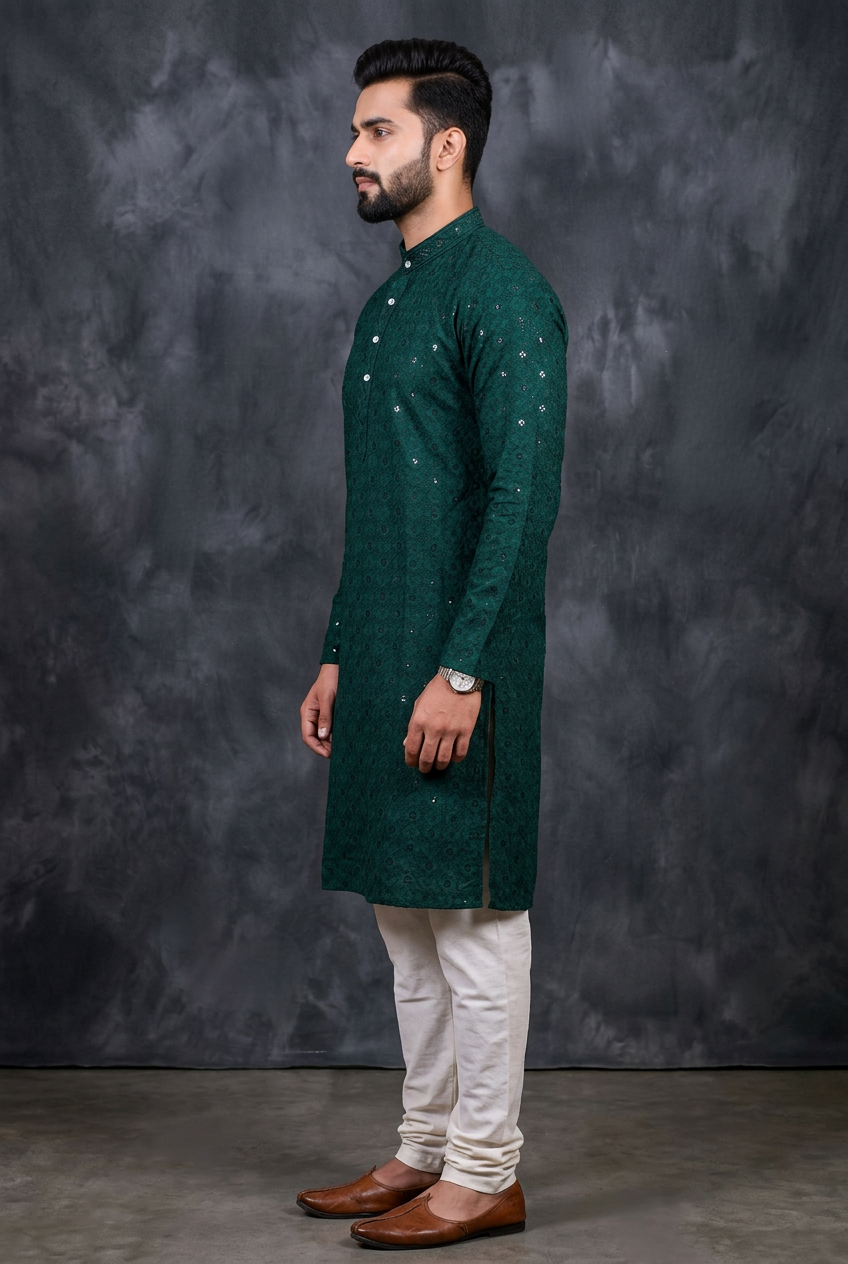 Hand-Embroidered Men's Lakhnavi Kurta with Sequin Details - AI Model Photo 2