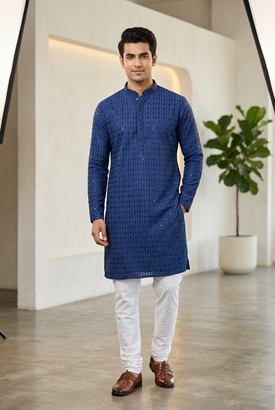 Blue Men's Lakhnavi Kurta with Embroidery & Resham - AI Model Photo 3