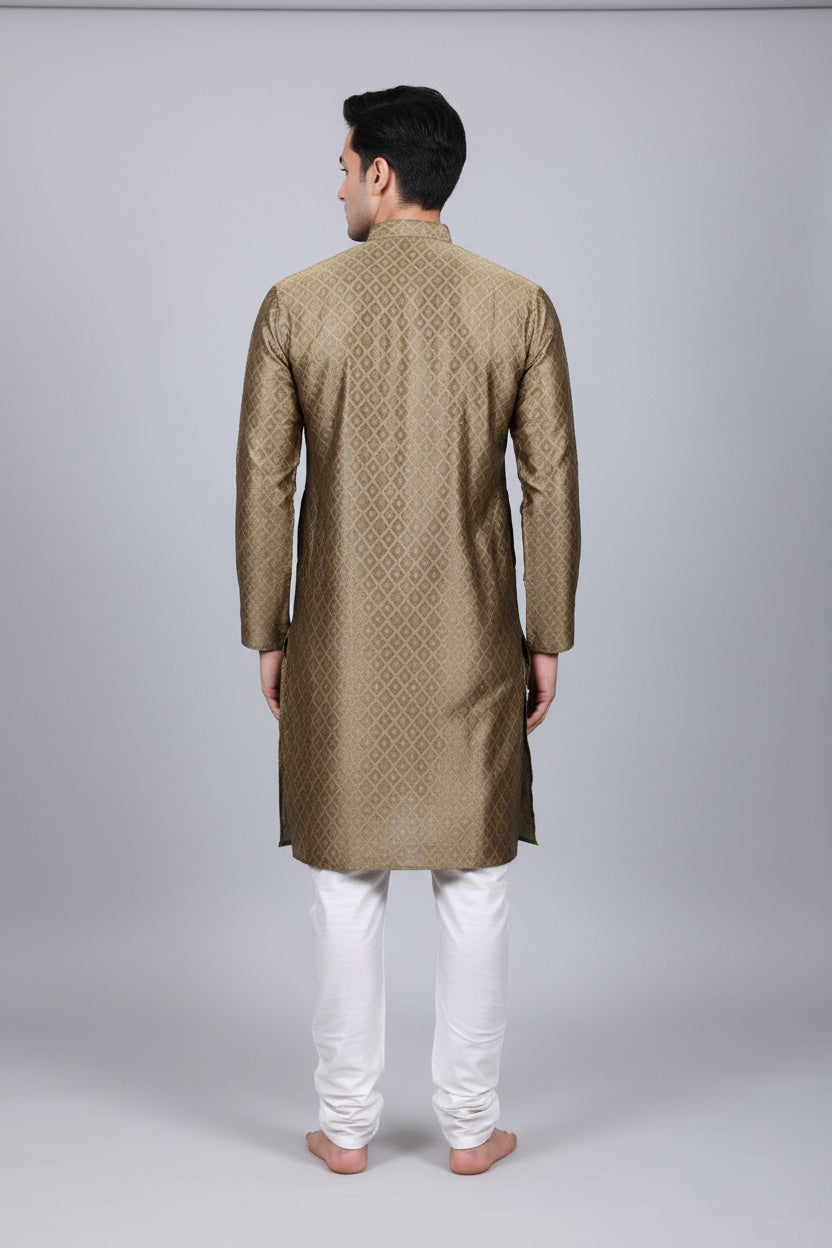 Green Modern Men's Diamond Pattern Kurta - Tradition - AI Model Photo 3