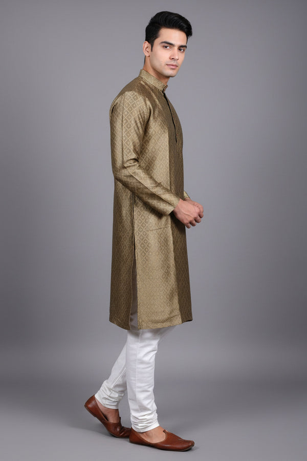 Green Modern Men's Diamond Pattern Kurta - Tradition - AI Model Photo 2