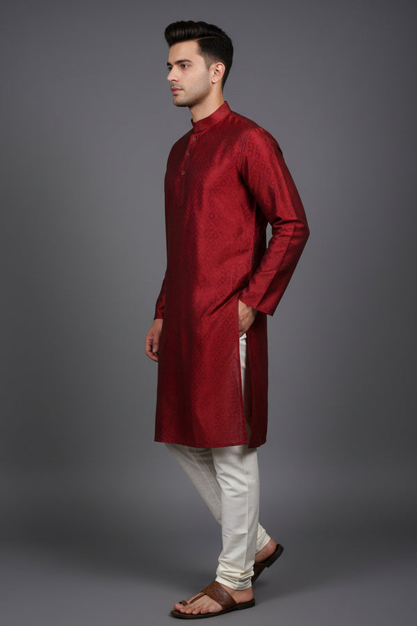 Maroon Men's Diamond Pattern Kurta: Ethnic Meets Modern - AI Model Photo 2