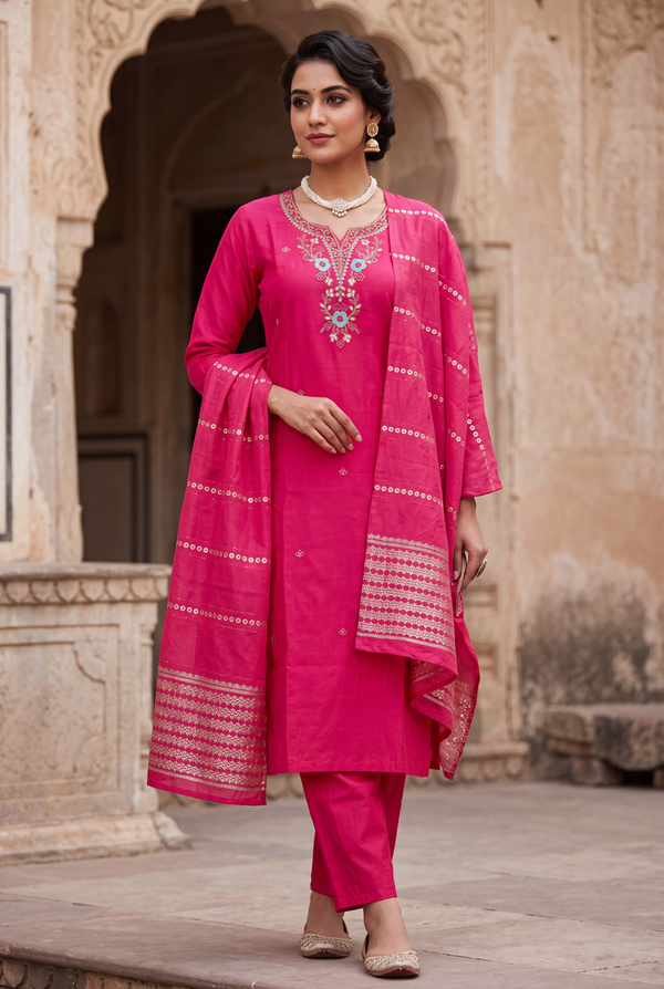 Deep Pink Roman Silk 3-Piece Kurti Set with Elastic Pant and Aari-Work Dupatta