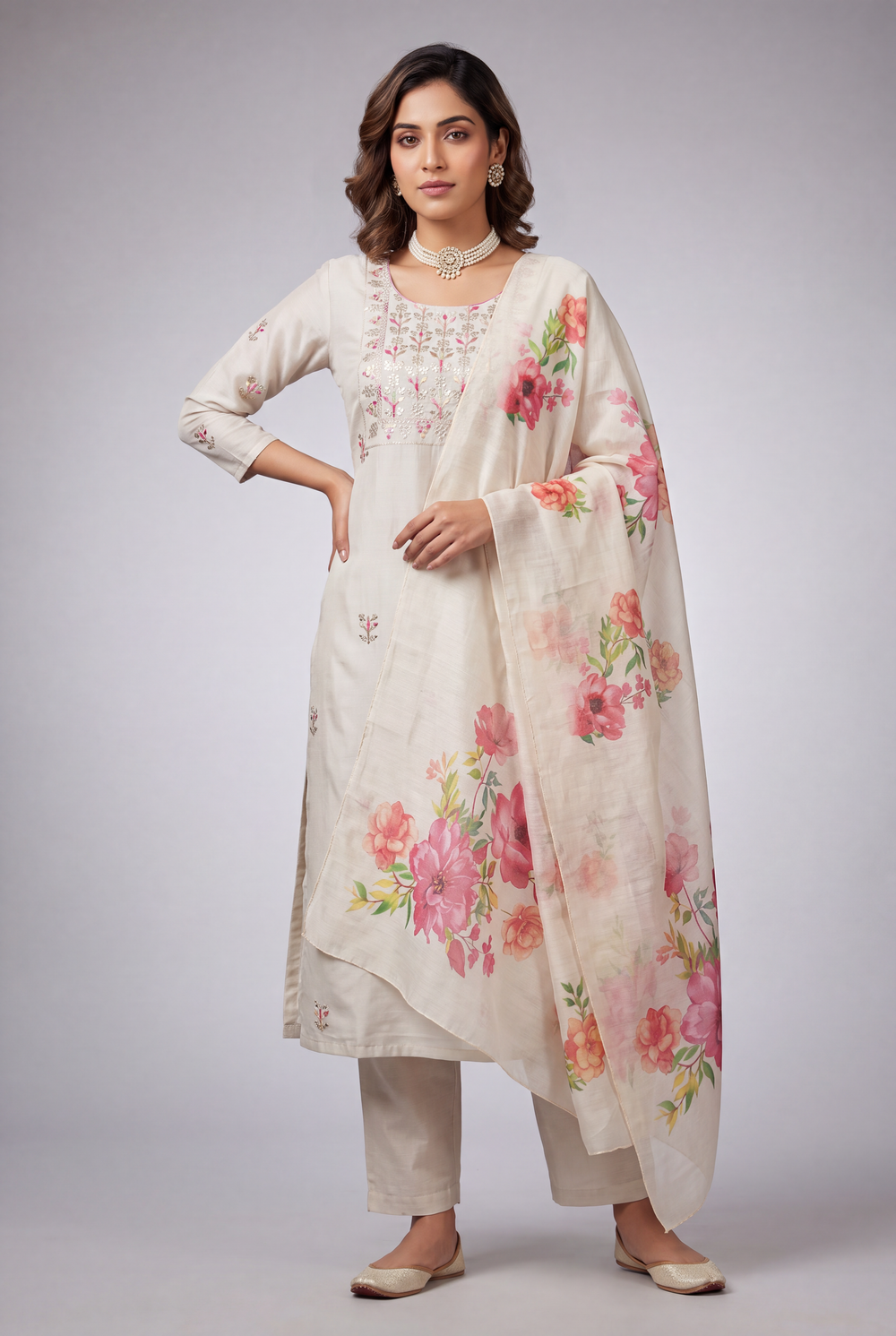 Beige Salwar Kameez – Roman Silk 3-Piece with Digital Dupatta