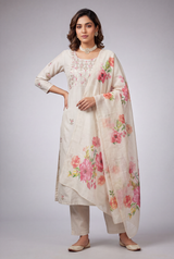 Beige Salwar Kameez – Roman Silk 3-Piece with Digital Dupatta