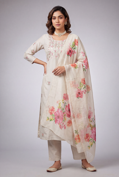 Beige Salwar Kameez – Roman Silk 3-Piece with Digital Dupatta