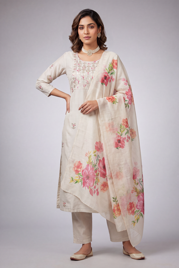 Beige Salwar Kameez – Roman Silk 3-Piece with Digital Dupatta