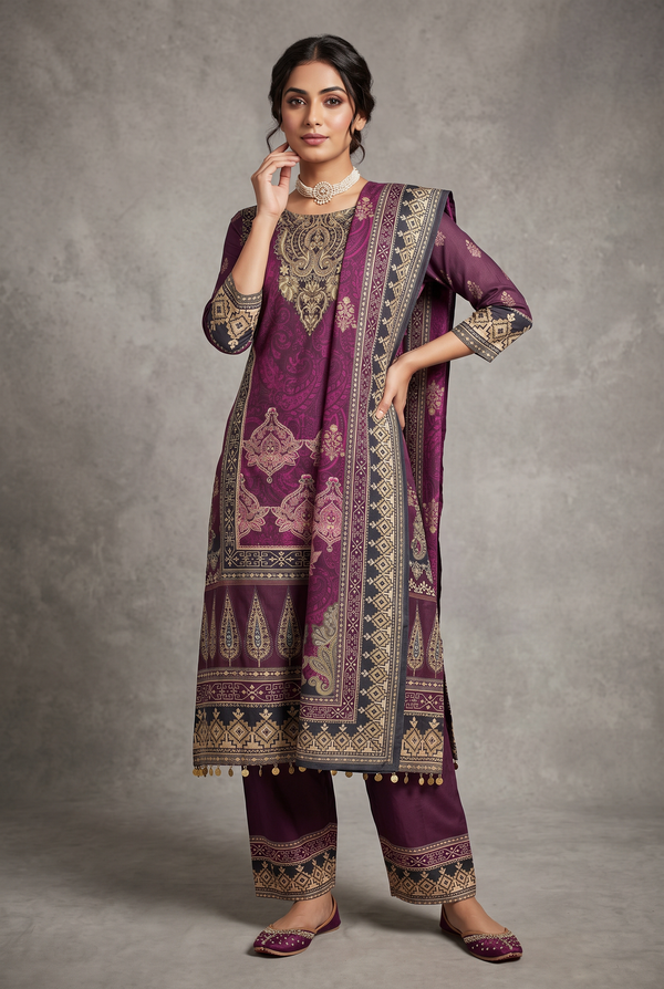 Purple Crepe 3-Piece Salwar Set with Stone & Mirror