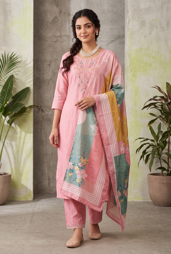 Light Pink Roman Silk 3-Piece Kurti Set with Chinnon Dupatta and Embroidered Work