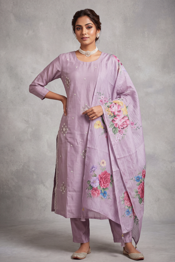 Lavender Shimmer 3-Piece Kurti Set with Aari & Pearl