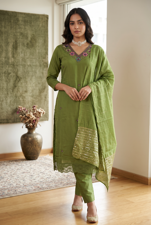 Mehendi Green Rayon Silk 3-Piece Kurti Set with Lined Elastic Pant & Zari Cotton Dupatta