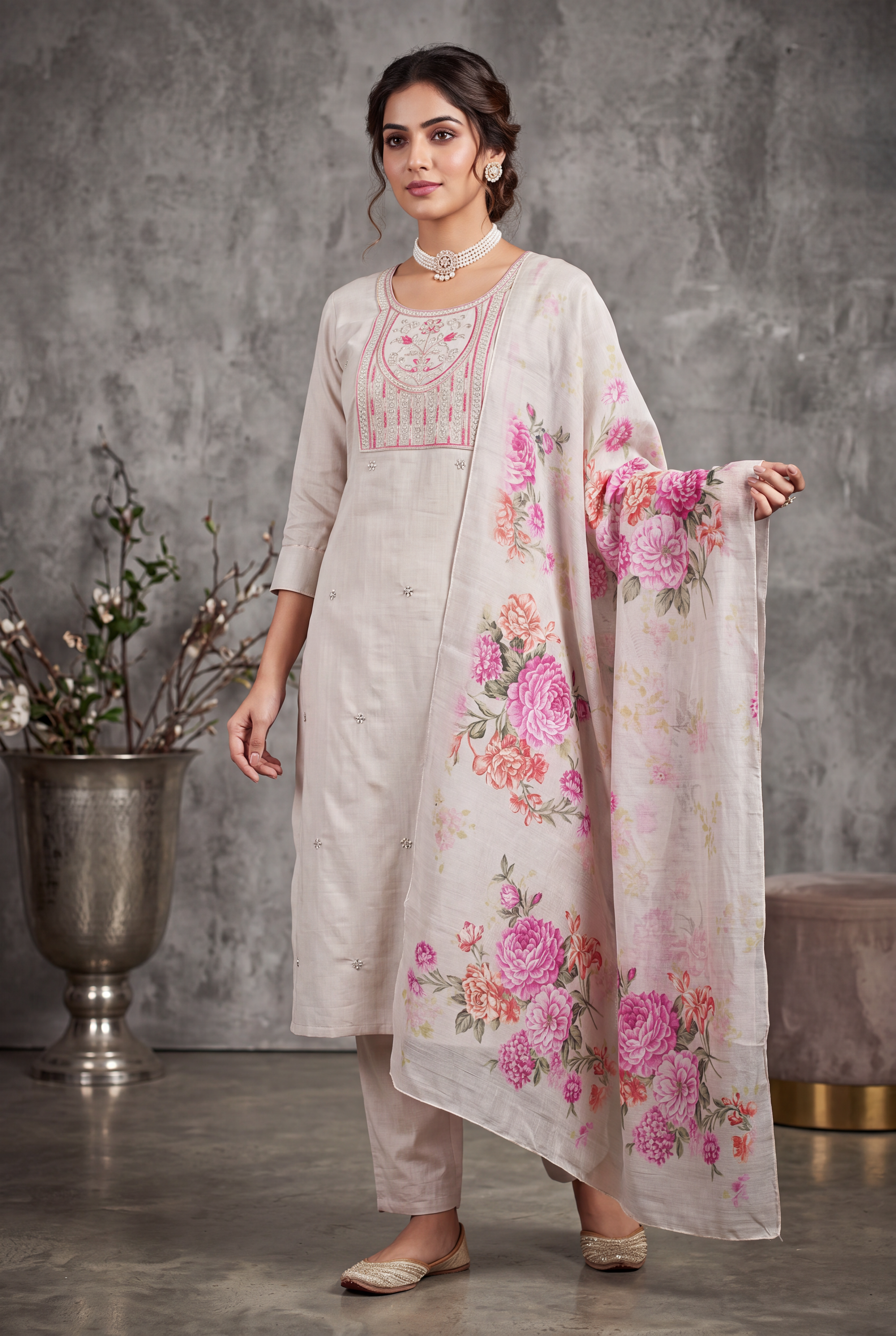 Beige Roman Silk 3 Piece Set with Embroidery