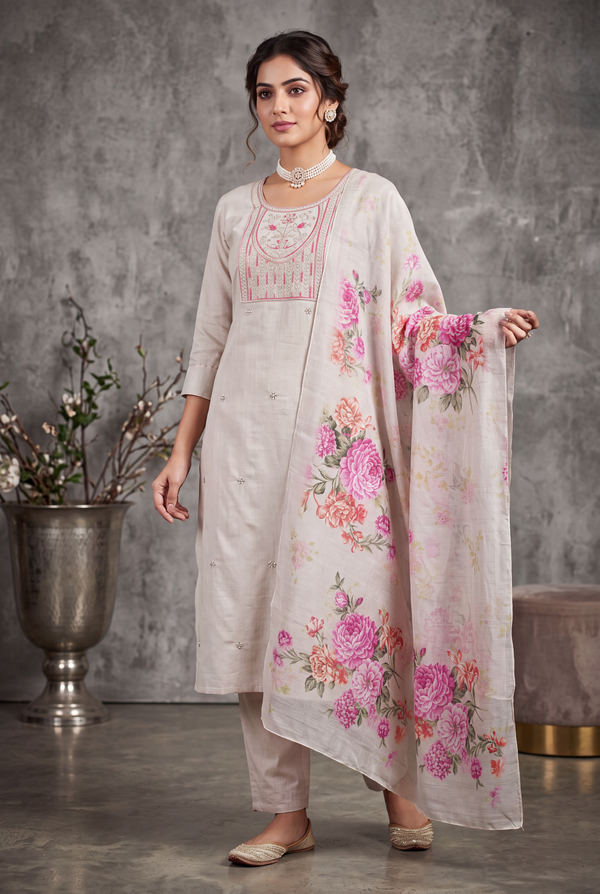 Beige Roman Silk 3 Piece Set with Embroidery