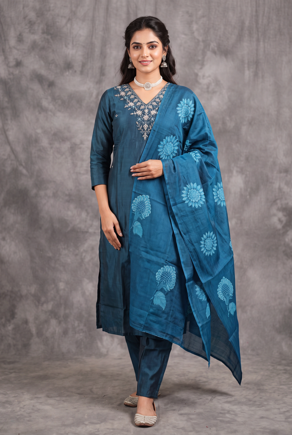 Navy Blue Silk 3-Piece Pakistani Salwar Set with Embroidered V-Neck Kurti, Elastic Pants & Organza Dupatta