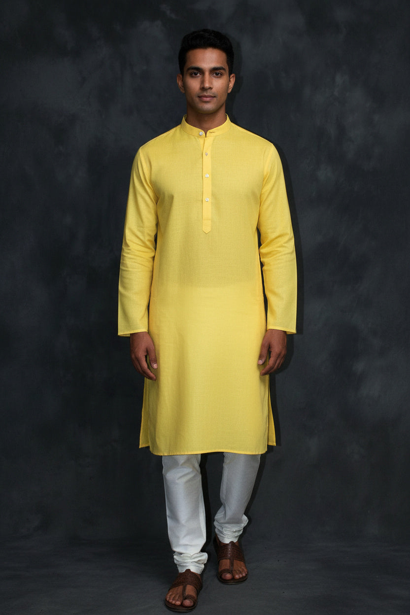 Yellow Cotton Plain Kurta - Breathable and Casual Wear - AI Model Photo 3