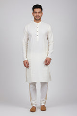 Chic White Hand-Woven Jacquard Men's Kurta for Weddings and Parties - AI Model Photo 1