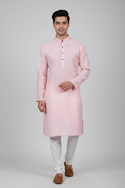 Pink Men's White Jacquard Kurta: Traditional Meets - AI Model Photo 3