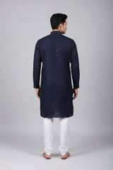Navy Men's Lakhnavi Kurta: Embroidered Chikankari - AI Model Photo 2