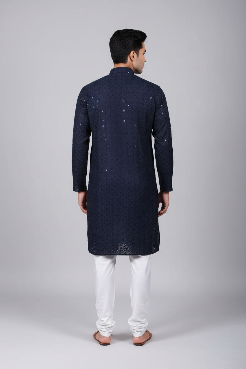 Navy Men's Lakhnavi Kurta: Embroidered Chikankari - AI Model Photo 2