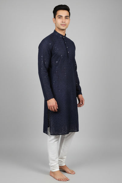 Navy Men's Lakhnavi Kurta: Embroidered Chikankari - AI Model Photo 1