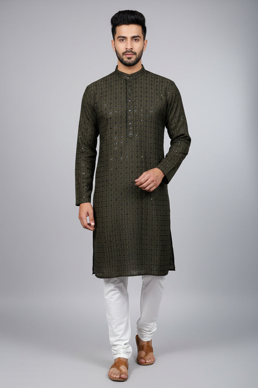 Green Men's Lakhnavi Embroidery Kurta - Traditional - AI Model Photo 1
