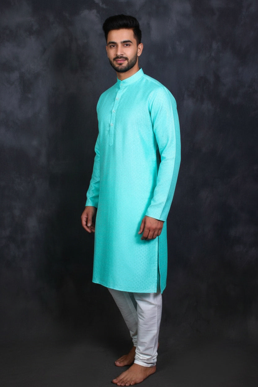 Green Men's Patterned Kurta & Pyjama - AI Model Photo 1
