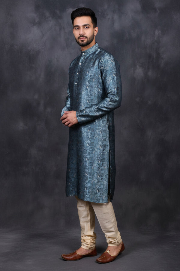 Gray Men's Jacquard Kurta for Weddings & Festive Events - AI Model Photo 1