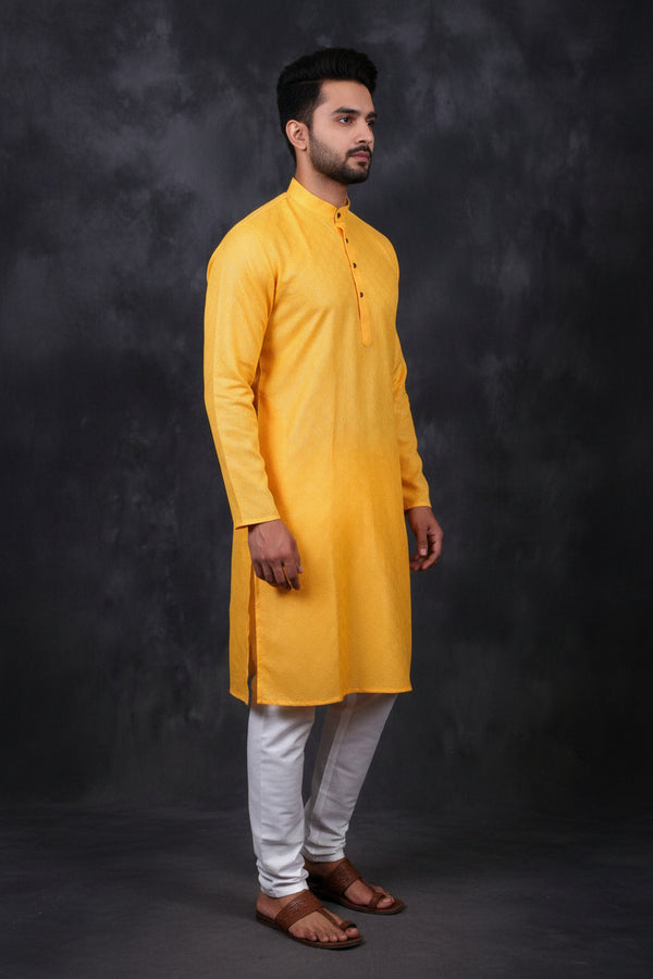 Yellow Men's Cotton Kurta with Diamond Pattern - AI Model Photo 1