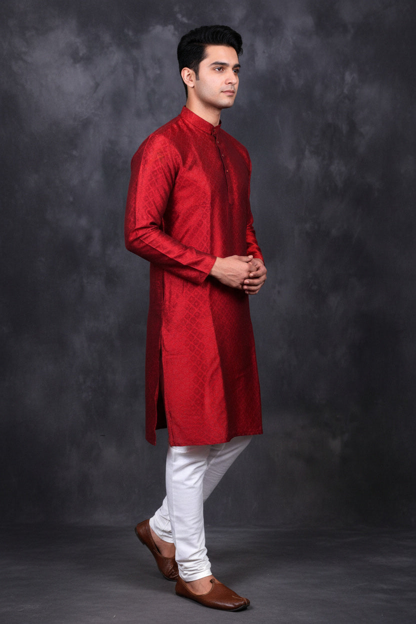 Red Diamond Pattern Men's Kurta: Classy & Modern Fit - AI Model Photo 3