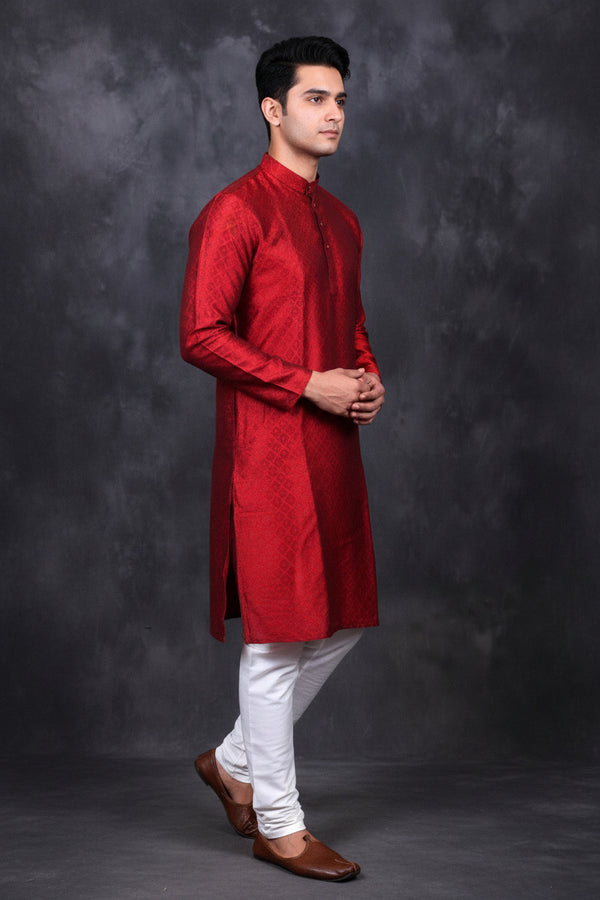 Red Diamond Pattern Men's Kurta: Classy & Modern Fit - AI Model Photo 3