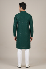 Green Men's Lakhnavi Kurta with Resham Work - AI Model Photo 1