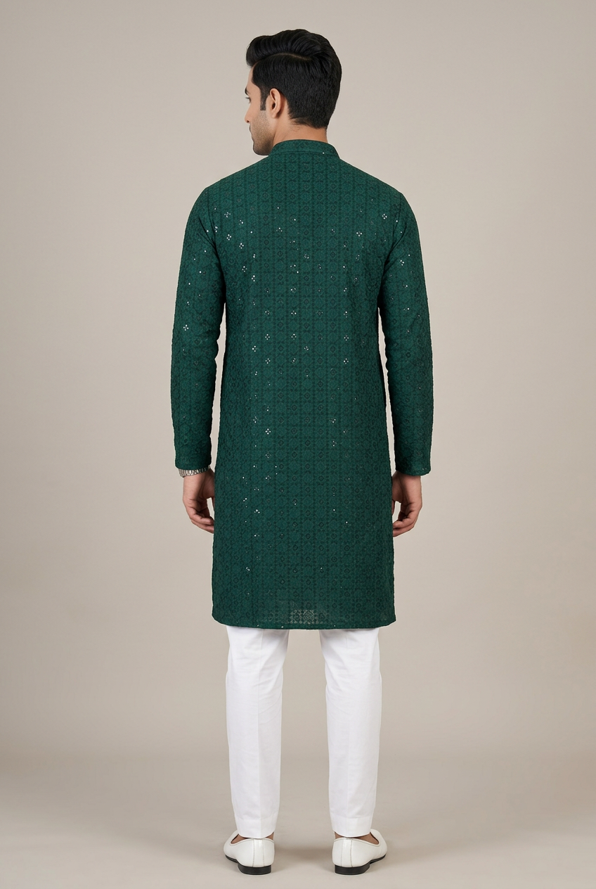 Green Men's Lakhnavi Kurta with Resham Work - AI Model Photo 1