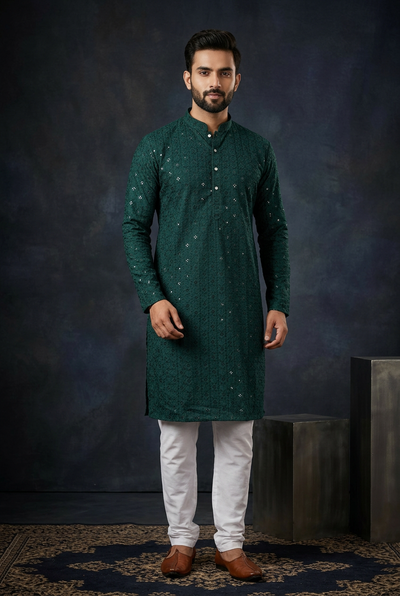 Green Men's Lakhnavi Kurta with Resham Work - AI Model Photo 3