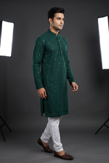 Green Men's Lakhnavi Kurta with Resham Work - AI Model Photo 2
