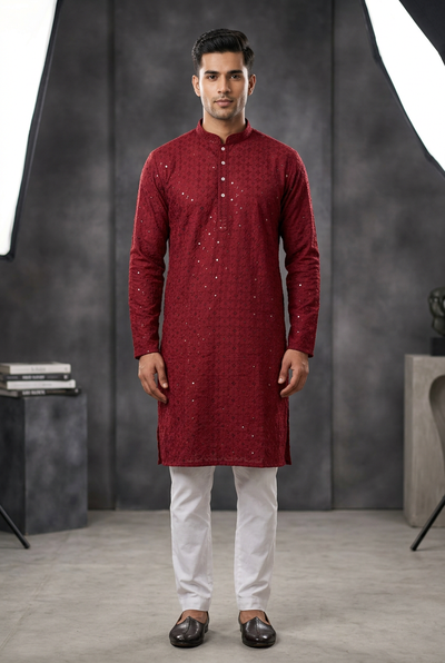 Maroon Men's Lakhnavi Kurta - Ethnic - AI Model Photo 1