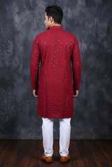 Maroon Men's Lakhnavi Kurta - Ethnic - AI Model Photo 2