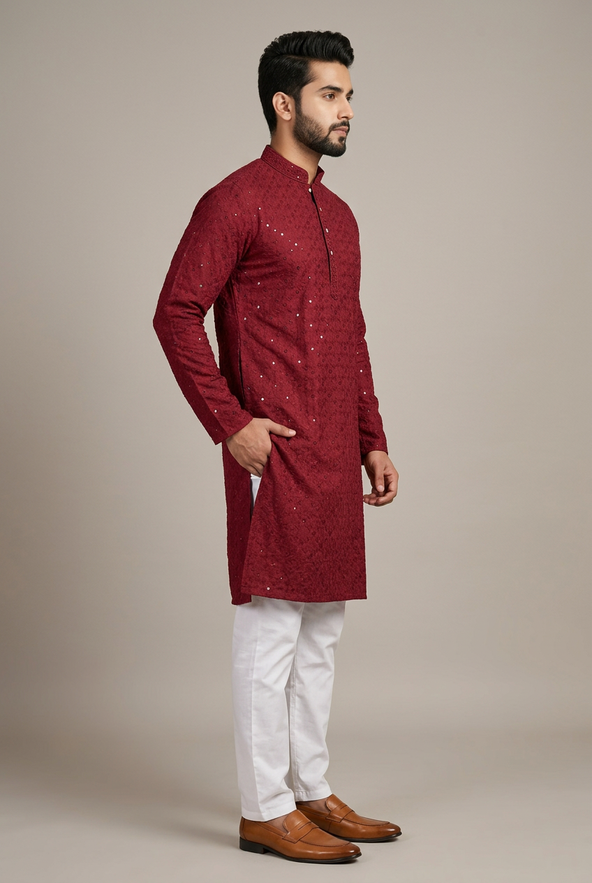 Maroon Men's Lakhnavi Kurta - Ethnic - AI Model Photo 3