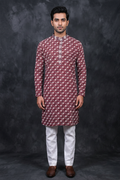 Red Men's Embroidered Kurta with Zebra Pattern Design - AI Model Photo 1