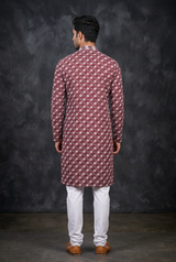 Red Men's Embroidered Kurta with Zebra Pattern Design - AI Model Photo 2