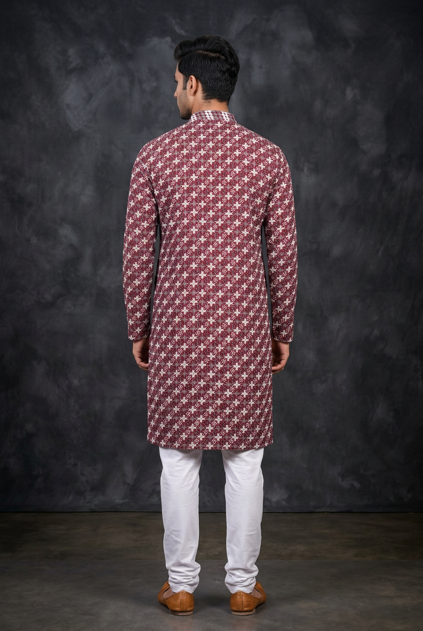 Red Men's Embroidered Kurta with Zebra Pattern Design - AI Model Photo 2